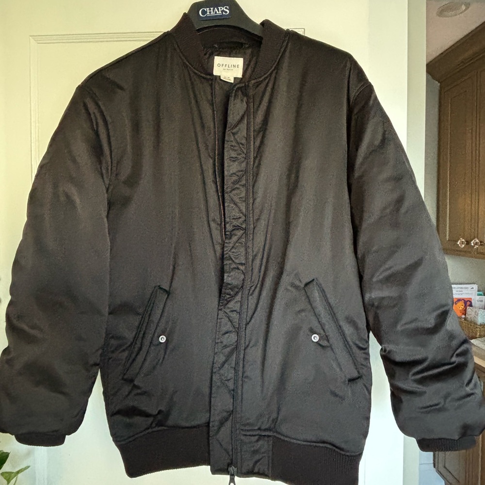 Aerie Offline Black Satin Bomber Jacket